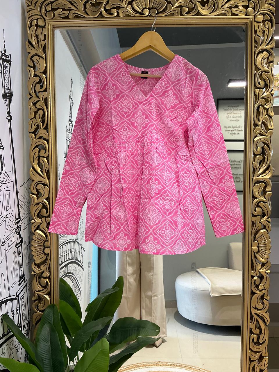 Pink Rose Bandhej Tunic Top