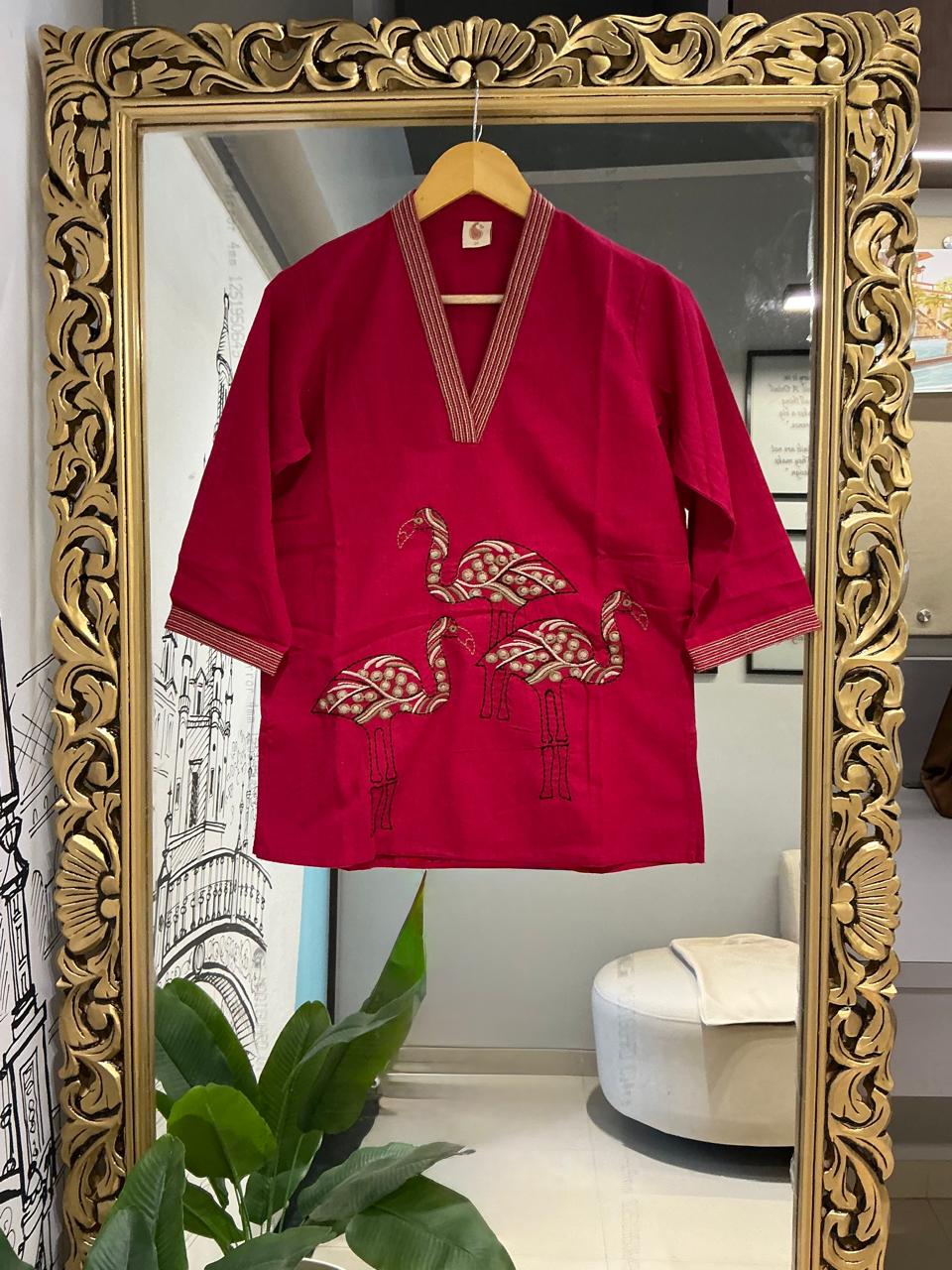 Cherry Bird V-Neck Cotton Short Top